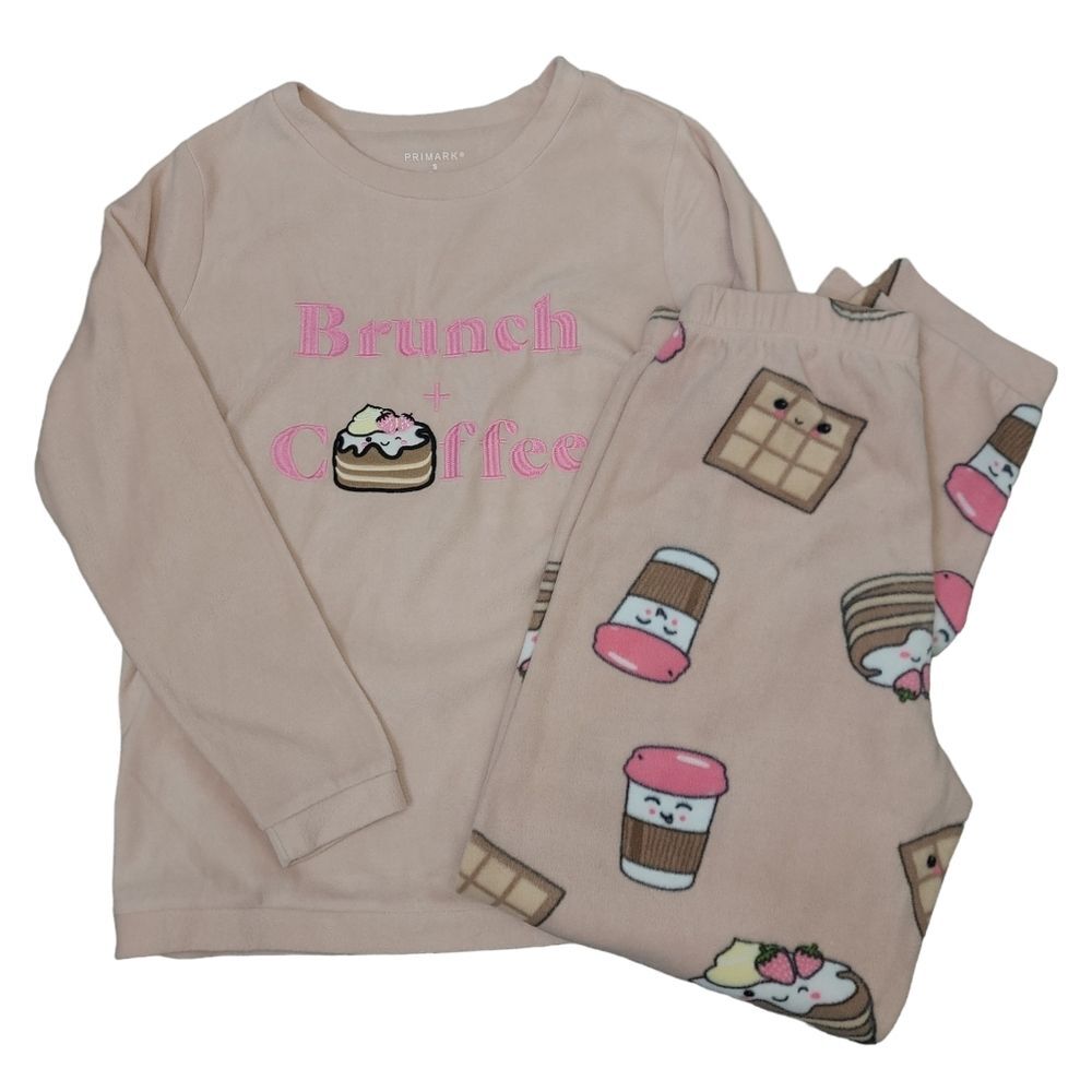 Primark Womens Brunch + Coffee Fleece Blush Pink Pajama 2 Piece Set Sz S